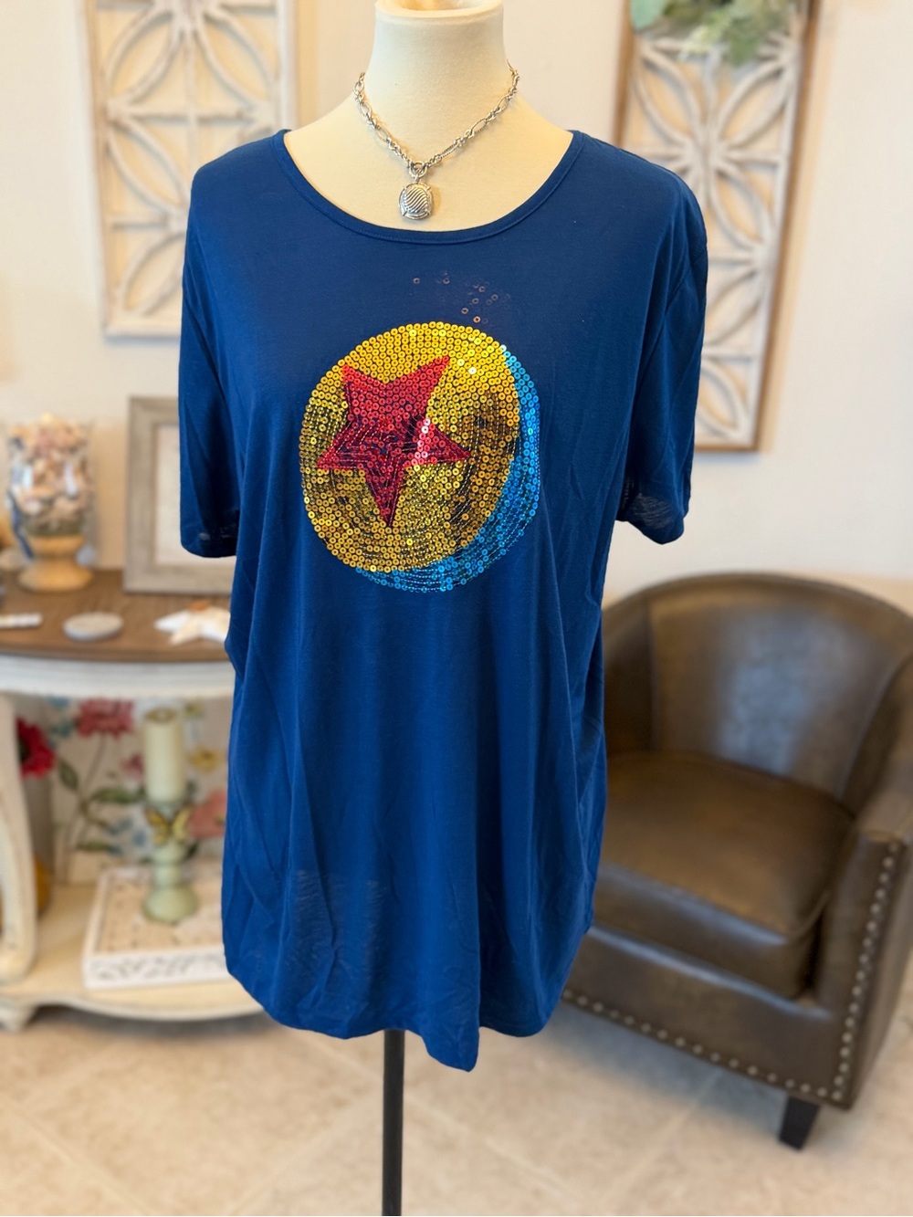 Disney Women's Navy Sequin Luxo Ball Star Short Sleeve Top